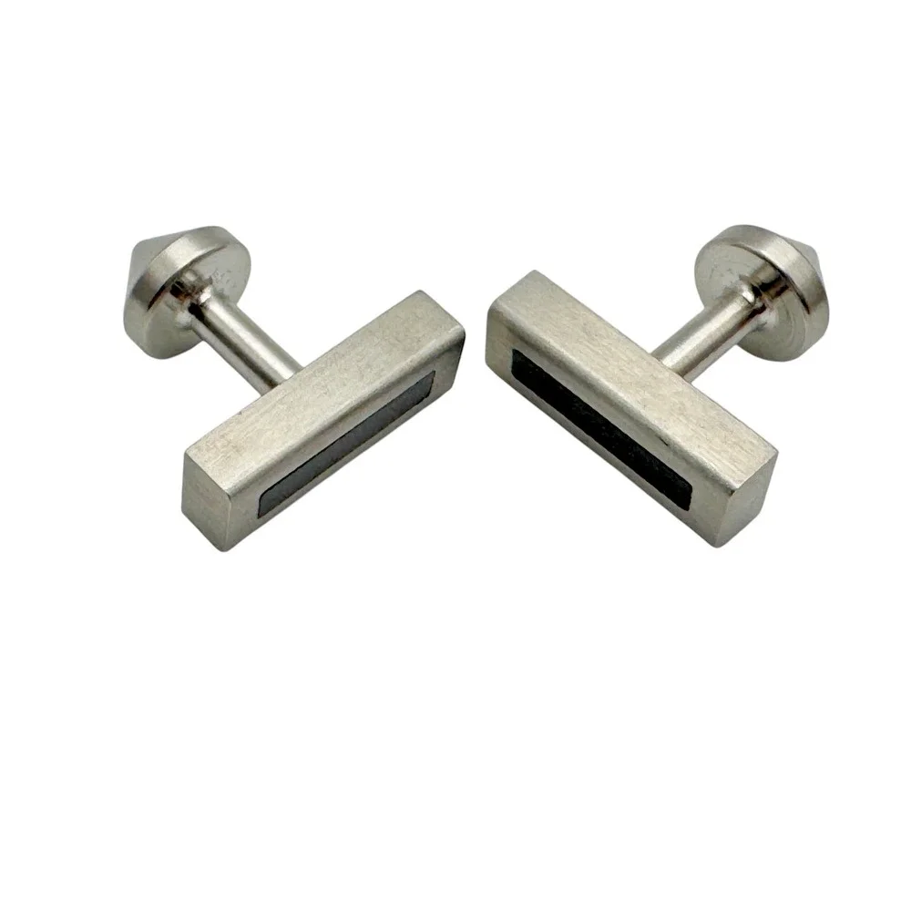 Vintage Brutalist Modernist Bar Cufflinks Brushed Aluminum Brushed Black Inlay